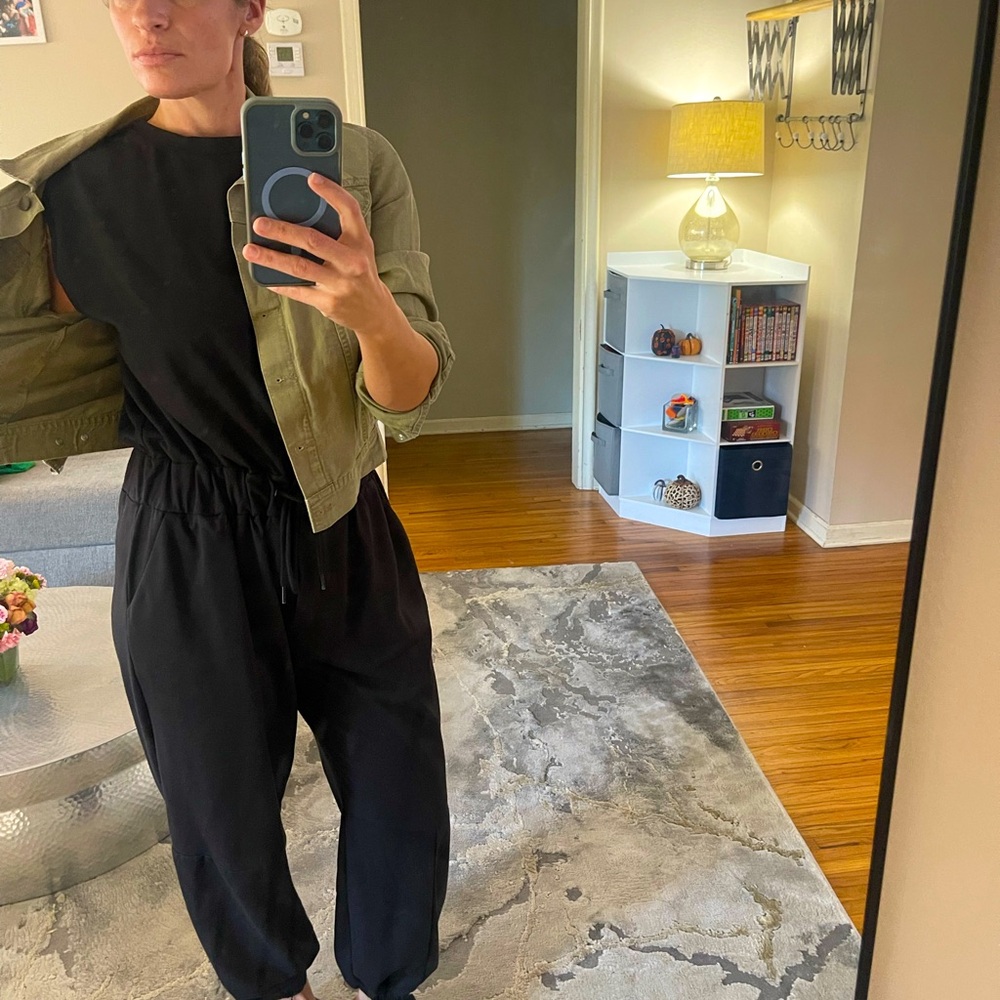 Black drawstring jogger jumpsuit
